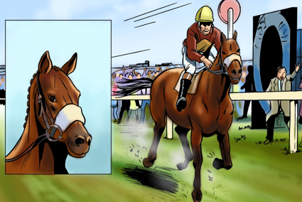 A cartoon of Red Rum winning the Grand National at Aintree